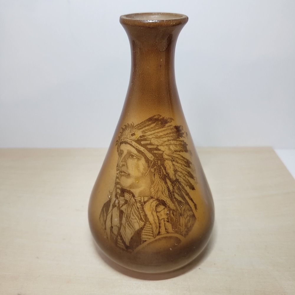 Vintage Native American Indian Chief Vase Brown‎ Pottery Decor Bud Vase